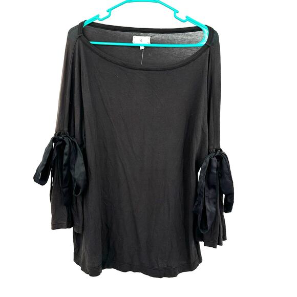 Lou & Grey Tops - Lou &‎ Gray Size Large Blouse Black Long Bell Sleeve Bow Tie Round Neck NWT